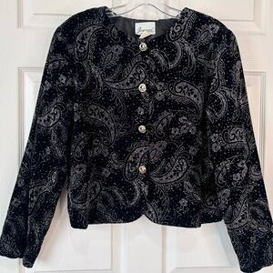 Vintage 80s Joanna Sparkly Paisley Black Velvet Glam Cropped Jacket Large